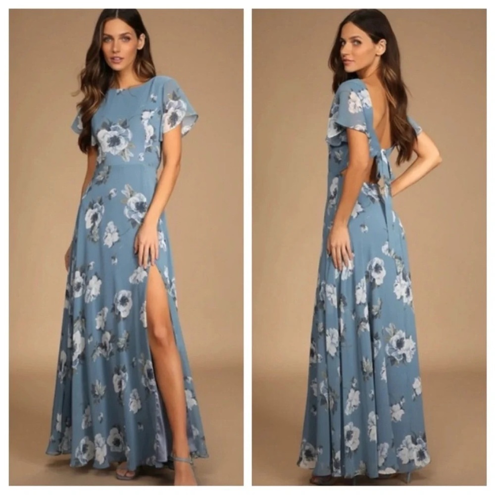Lulu's Blue Sundress with Slit and Flutter Sleeves
